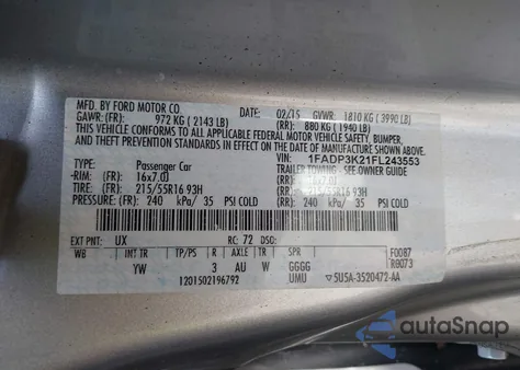 2015 Ford Focus Se from USA, damaged, VIN 1FADP3K21FL243553